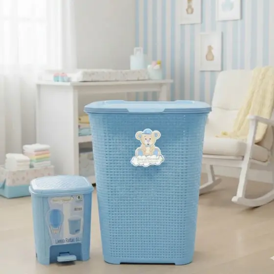 Kit Quarto Bebê Lixeira com Pedal 6L + Cesto Roupas 30L Azul