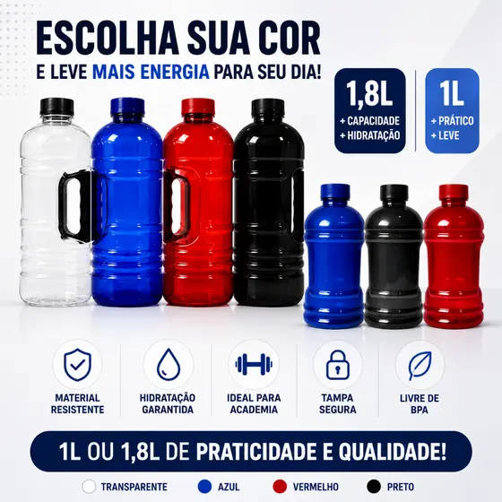 Garrafa de Água Galão Com Alça Squeeze 1.8L/1L/700ML/500ML Para Academia Treino Funcional