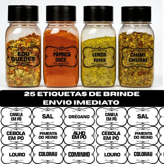 Porta Pote de Tempero + ETIQUETA Premium 200ml Cozinha com Tampa Dosadora Dupla  Envio Imediato