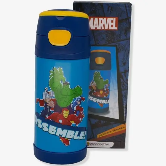 GARRAFA TÉRMICA INFANTIL AVENGERS HEROIS MARVEL PERSONAGENS COM CANUDO 350ML VINGADORES TOP HANDLE