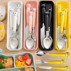 Kit Talher Fofo Infantil Garfo Faca Colher Estojo Portátil Escola Trabalho Viagem Acampamento Criança Marmita Gato Jogo