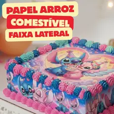 Papel de arroz personalizado + faixa lateral BOLO COMESTIVEL RETANGULAR PARABENS  REDONDO STICH