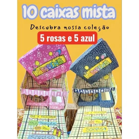 10 caixas cenario presente  sortida  bentocake rosa e azul cenario 21x16x16cm