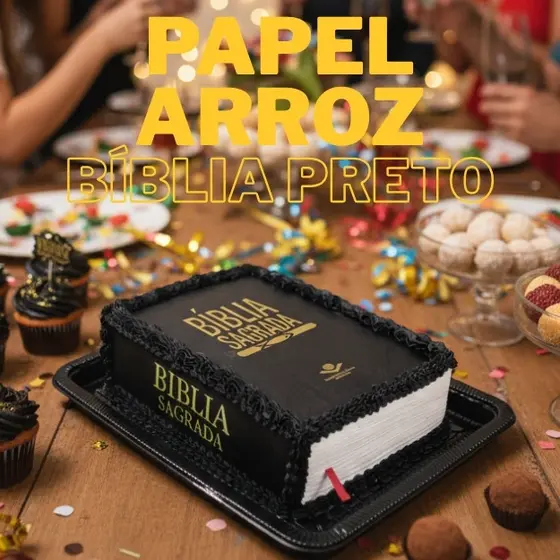 PAPEL DE ARROZ BIBLIA PRETO COM  FAIXA LATERAL NOME COMESTIVEL FESTA BOLO