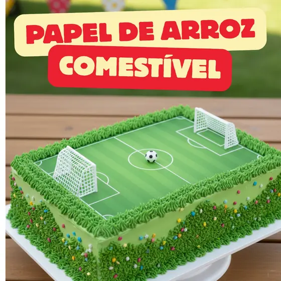 Papel de Arroz, Bolo campo Futebol, Decoração Comestível, Festa Infantil, Aniversário CAMPO FUTEBOL
