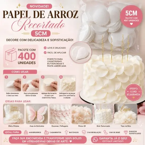 400 papel de arroz recortado 5cm comestível confeitaria