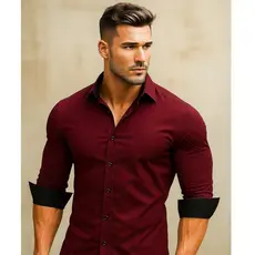 Camisa Masculina Slim Fit Luxo Detalhe Interno gola e punho