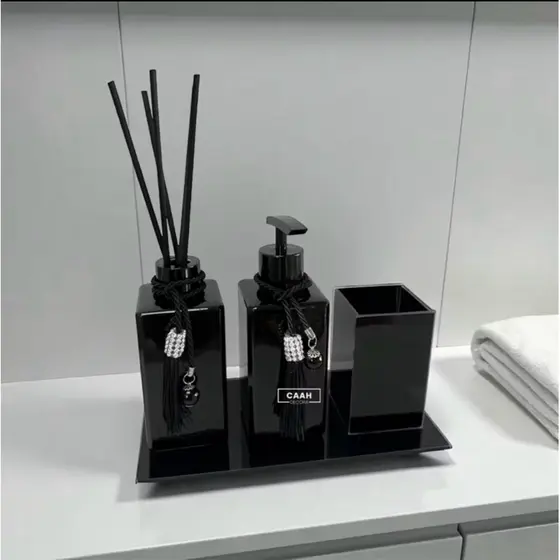 Kit Lavabo Banheiro Luxo Preto Com Porta Escova Vidro Bandeja Aromatizador De Varetas/Saboneteira 250ML
