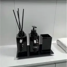 Kit Lavabo Banheiro Luxo Preto Com Porta Escova Vidro Bandeja Aromatizador De Varetas/Saboneteira 250ML