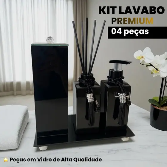 Kit Lavabo Banheiro Luxo Preto 04 Peças Porta Escova Com Tampa Bandeja Aromatizador Saboneteira vc