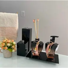 Kit Lavabo Banheiro Elegance Com Bandeja Porta Escova Com Tampa Preto/Rose Luxo Saboneteira