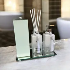 Kit Lavabo Banheiro Luxo Branco Vidro Bandeja Porta Escova Com Tampa Difusor De Ambiente e Saboneteira