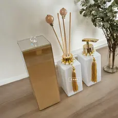 Kit Lavabo Banheiro Luxo Dourado Porta Escova Com Tampa Vidro Saboneteira Branco Brilho Aromatizador Dourado
