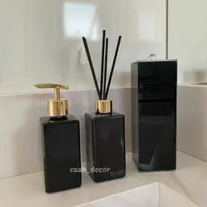 Kit Lavabo Banheiro Preto Porta Escova Vidro Com Tampa Difusor De Ambiente  E Saboneteira Luxo
