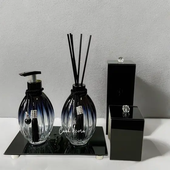 Kit Lavabo Banheiro Preto Luxo Porta Escova com Tampa Bandeja Vidro Aromatizador Porta Cotonete Luxo