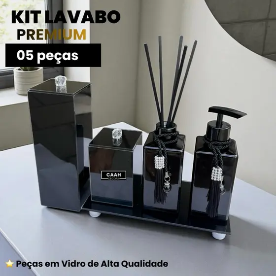 Kit Lavabo Banheiro Luxo Preto Com Porta Escova Vidro Com Tampa Bandeja/Aromatizador Porta Cotonete Preto Brilho