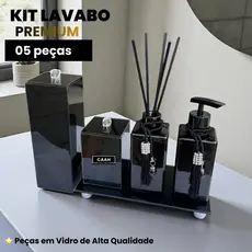 Kit Lavabo Banheiro Luxo Preto Com Porta Escova Vidro Com Tampa Bandeja/Aromatizador Porta Cotonete Preto Brilho