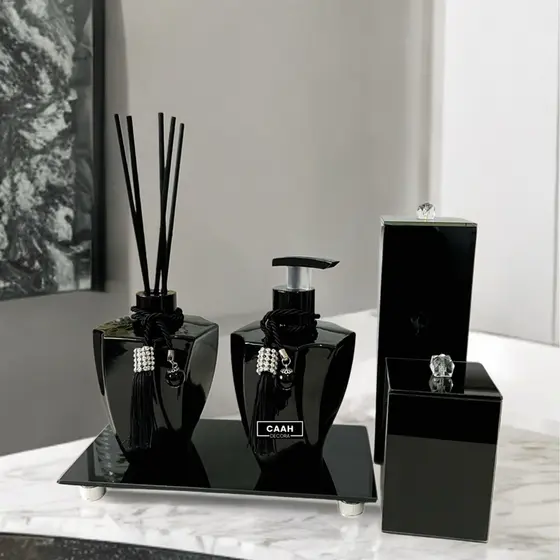 Kit Lavabo Banheiro Elegance Preto Com Porta Escova Vidro Com Tampa Bandeja Porta Cotonete/Aromatizador Luxo