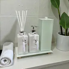 Kit Lavabo Banheiro Vidro Branco Com Porta Escova Bandeja Difusor De Ambiente Saboneteira