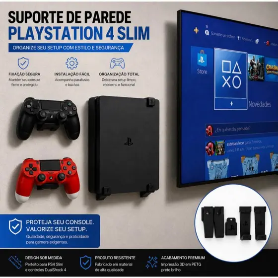 Suporte Parede Ps4 SLIM + Suportes p Controle + Kit Instalação Playstation