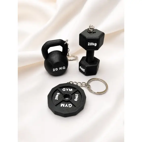 Chaveiro Fitness 3D (Halter, Anilha, Kettlebell) 4x4 cm – Ideal para Quem Ama Treinar
