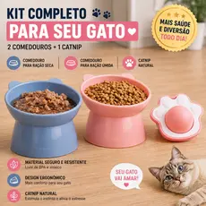 Comedouro bebedouro pet gatos alimentador 200 ml Gatos kit c/2 + GRATIS 1 Catnip Erva Cores Sortidas