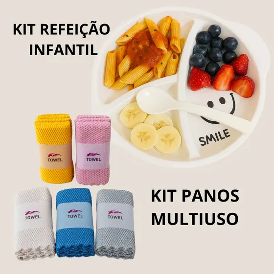 PRATO PRATINHO ALIMENTAÇÃO PARA BEBES CRIANÇAS PRATO TALHER COLHER + PANOS MULTIUSO MICROFIBRA MICROONDAS