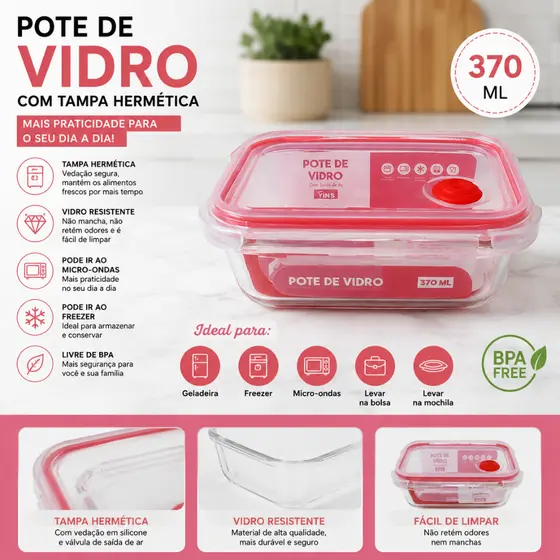 POTE/MARMITA VIDRO RETANGULAR 370ML KIT 6 POTES