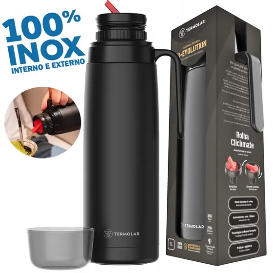 Garrafa Térmica Preta 100% Inox 1L Café Quente 20H Termolar