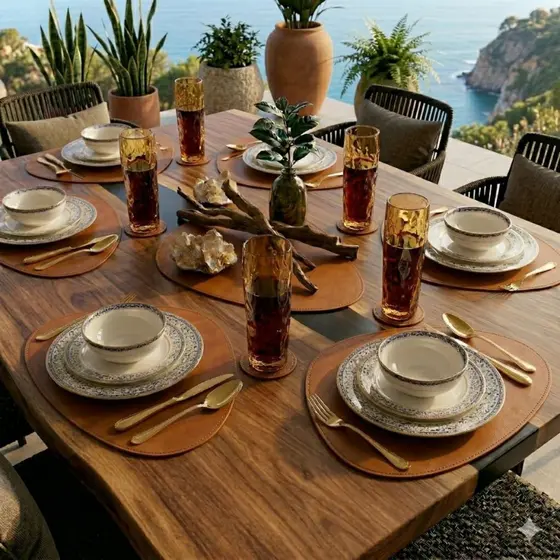 Jogo Americano Para Mesa De Jantar Couro + Porta Copo Sousplat Mesa Posta Dupla Face Preto Caramelo