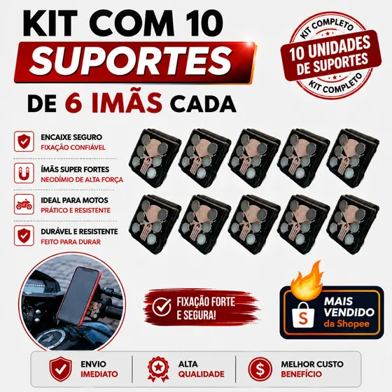 KIT 10 Suportes de Celular 6 Imãs Para Moto Extra Forte