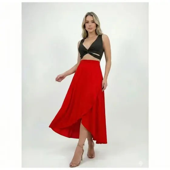 Saia Envelope Feminina Mídi Transpassada Multiformas de Amarrar Cintura Alta