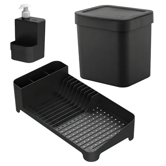 Kit Cozinha Lixeira De Pia 4,7L + Escorredor de Louças + Dispenser 500ml KTE143 - Ou