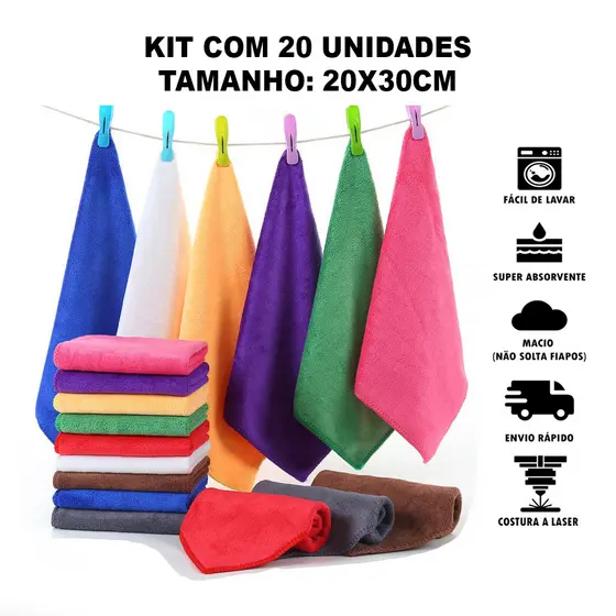 Kit 20 Panos de Limpeza 20x30cm Microfibra Multiuso