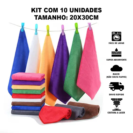 Kit 10 Pano de Limpeza Multiuso Microfibra 20x30cm