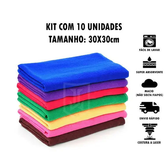 Kit 10 Panos de Microfibra 30x30cm para Limpeza Geral