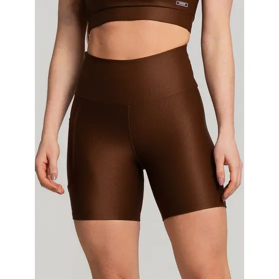 Short Poliamida Cintura Alta Canelado Com Bolso Marrom Massam Fitness