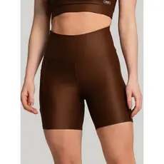Short Poliamida Cintura Alta Canelado Com Bolso Marrom Massam Fitness