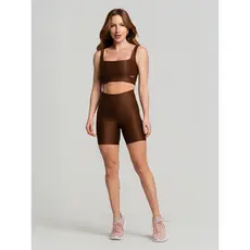 Conjunto Short e Top Poliamida Canelado Marrom Com Bolso Massam Fitness