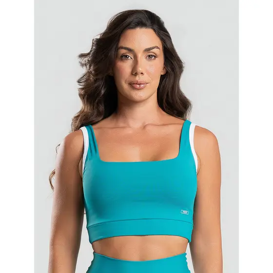 Top Poliamida Decote Quadrado Verde Com Vivo Branco Massam Fitness