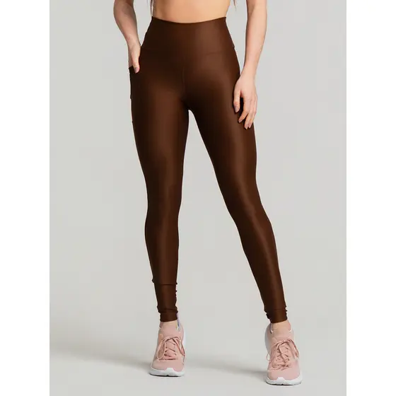 Legging Poliamida Cintura Alta Canelada Com Bolso Marrom Massam Fitness