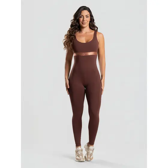 Macacão Feminino Em Poliamida Slim Marrom Massam Fitness