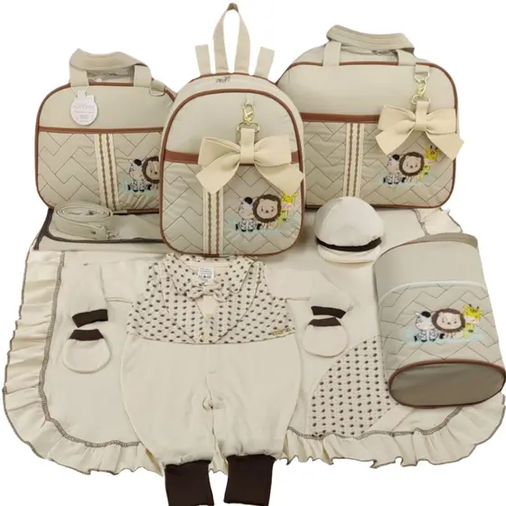 Kit Bolsa Maternidade Menino 5 Peças Safari + Saída Maternidade Militar, Azul - Opções Laços de Luxo