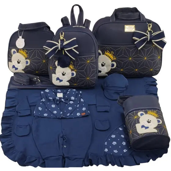 Kit Bolsa Maternidade Menino 5 Peças Urso Imperador/Safari Baby + Saída Maternidade - Opções Laços de Luxo