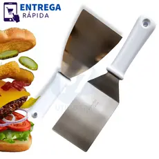Espátula Inox Cabo Branco 3” Curva e 4” Reta para Chapa Lanche Hambúrguer Escolha a Variação