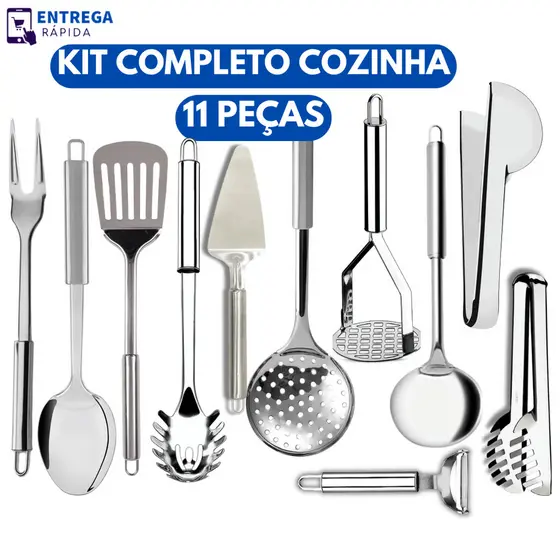 Kit 11 Utensílios para Cozinha Inox Descascador de Legumes Amassador de Batata Concha Escumadeira Espátulas e Mais.