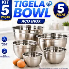 Jogo de Bowl Inox 5 Peças Tigela Inox Empilhável 14cm 16cm 20cm 22cm 24cm Gamela Bacia Cozinha