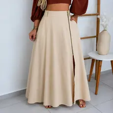 Saia Longa Alfaiataria Feminina Cintura Alta Social com Bolso Ziper Lateral Godê Inverno Elegante P081