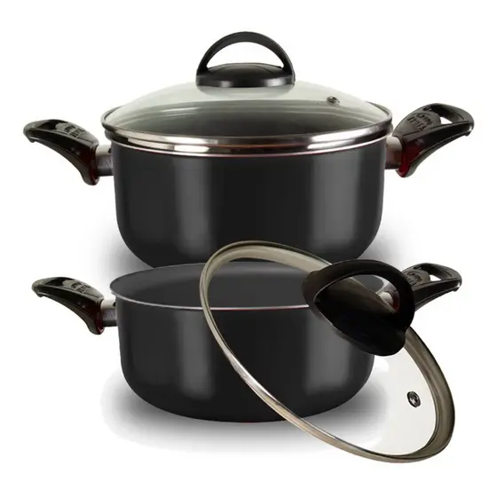Jogo de Caçarolas Preto 2 Peças Antiaderente 22cm e 24cm + Tampa de Vidro Teflon Varias Cores