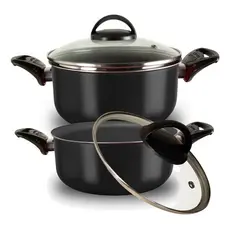 Jogo de Caçarolas Preto 2 Peças Antiaderente 22cm e 24cm + Tampa de Vidro Teflon Varias Cores